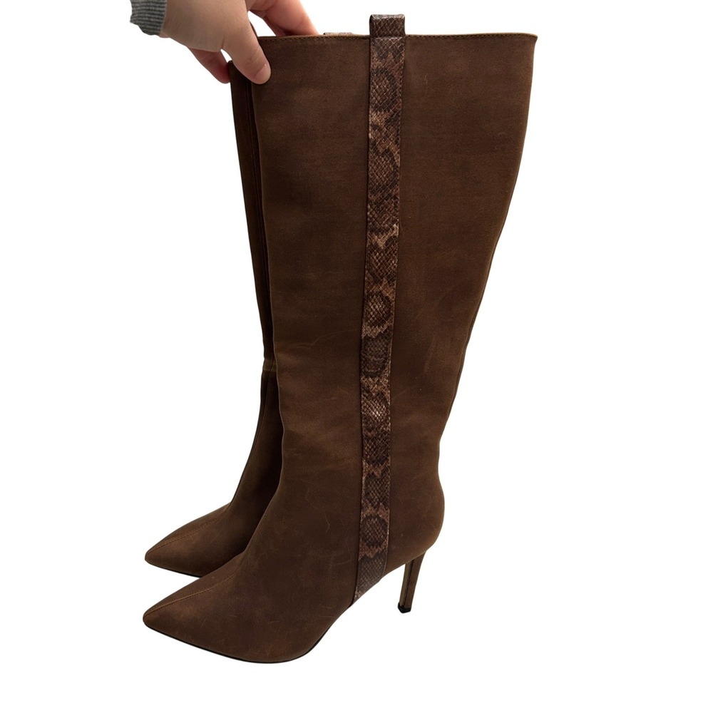 NY Collection Brown Suede Pointed Toe Knee High Stiletto Boots Zip 8.5 - Picture 12 of 14